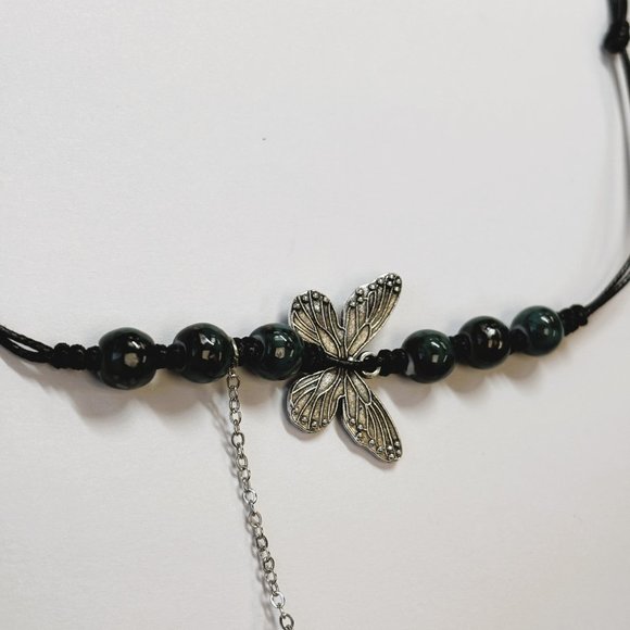 Dark Green Bead Silver Butterfly Pendant Charm Pray Vintage Necklace - Picture 13 of 16
